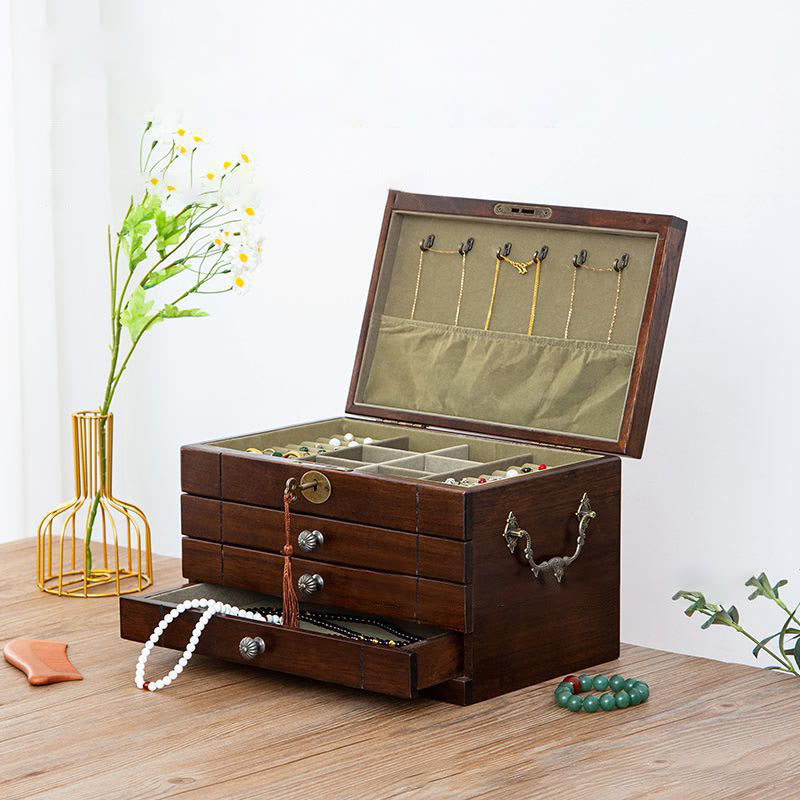 Buddha Stones Retro Solid Wood Jewelry Box Four-Layer Wooden Jewelry Storage Box - image 1