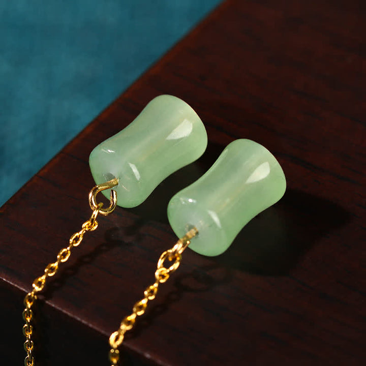 Buddha Stones Jade Bamboo Pattern Luck Drop Earrings - image 2