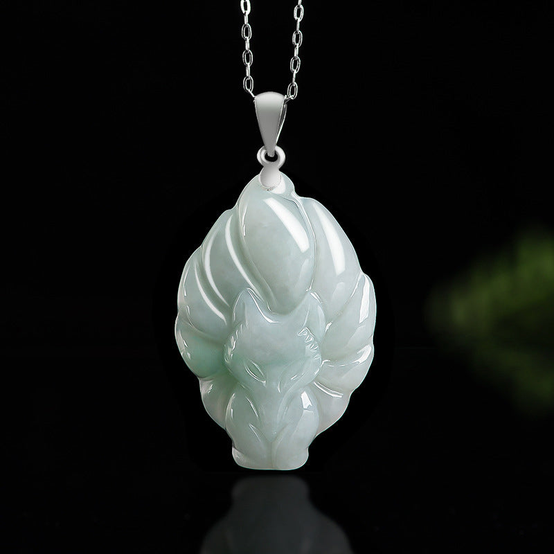 Buddha Stones 925 Sterling Silver Natural Jade Nine Tailed Fox Prosperity Necklace Pendant - Jade (Prosperity ♥ Abundance) - image 0