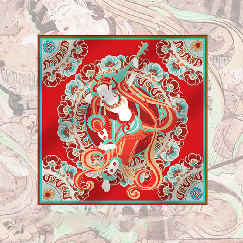 Buddha Stones Dunhuang Rebound Pipa Flying Frescoes 100% Mulberry Silk Scarf Premium Grade 6A Dunhuang Shawl - Small 100% Mulberry Silk Scarf 52*52cm - image 14