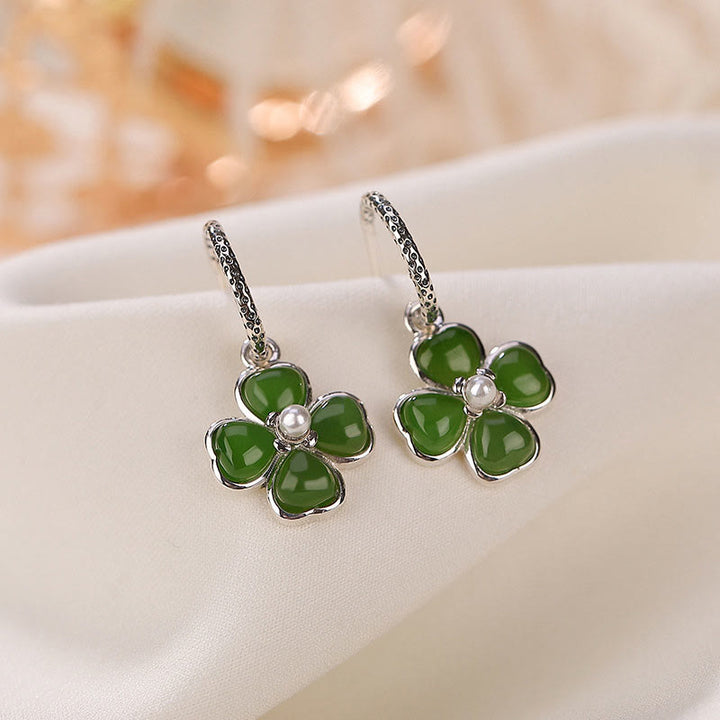 Buddha Stones 925 Sterling Silver Natural Cyan Jade Four Leaf Clover Luck Success Earrings - image 2