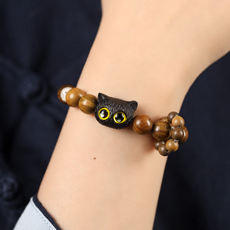 Buddha Stones Green Sandalwood Ebony Wood Cat Peace Soothing Bracelet - image 2