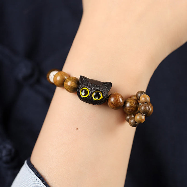 Buddha Stones Green Sandalwood Ebony Wood Cat Peace Soothing Bracelet - image 2