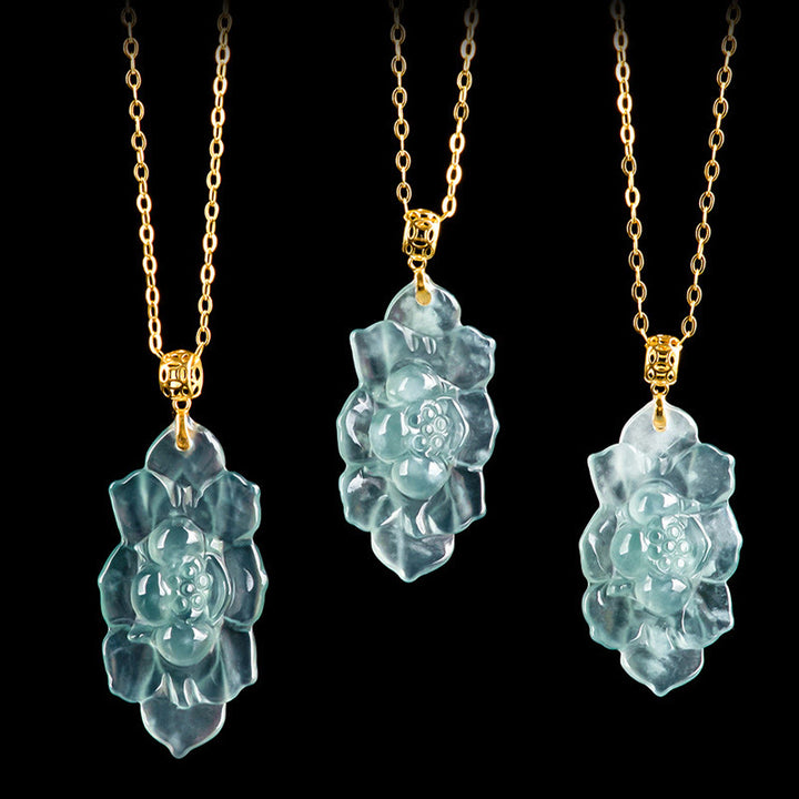 Buddha Stones 18K Gold Natural Jade Lotus Pattern Prosperity Necklace Pendant - image 7