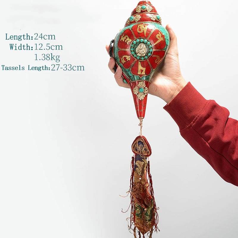 Tibetan Handmade Shankha Om Mani Padme Hum Buddha Avalokitesvara Turquoise Conch Shell Positive Decoration - Om Mani Padme Hum 24*12.5cm - image 18