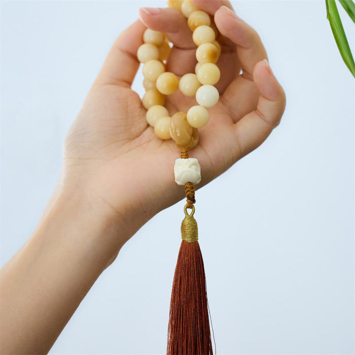 Buddha Stones Natural Bodhi Seed Ivory Fruit Dancing Lion Charm Harmony Tassel Wrist Mala - image 4