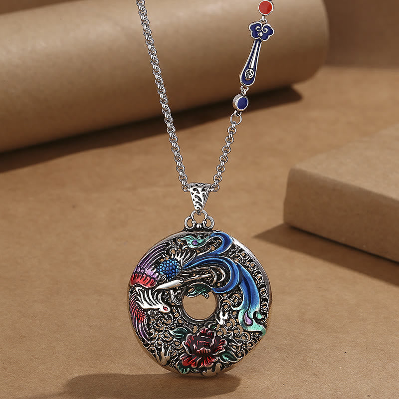 Buddha Stones Phoenix Peony Flower Luck Protection Necklace Pendant - Phoenix Peony&Ruyi Handle Chain - image 0
