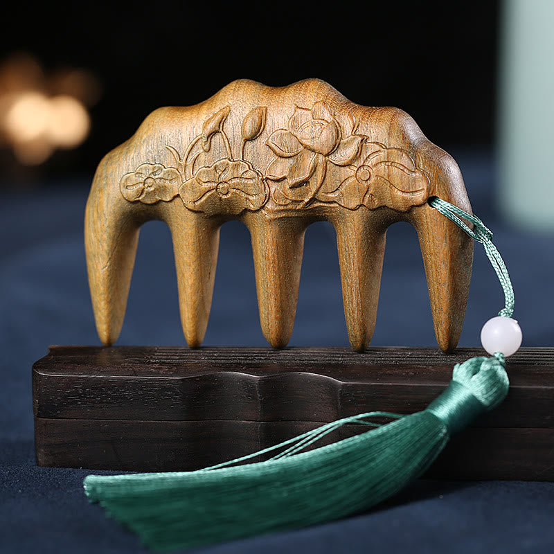 Green Sandalwood Plum Blossom Flowers Lotus Koi Fish Engraved Soothing Tassel Comb - Green Sandalwood Lotus Flowers - image 15
