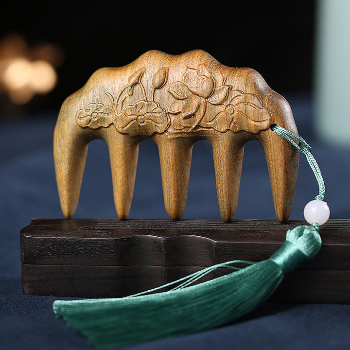 Green Sandalwood Plum Blossom Flowers Lotus Koi Fish Engraved Soothing Tassel Comb - Green Sandalwood Lotus Flowers - image 15