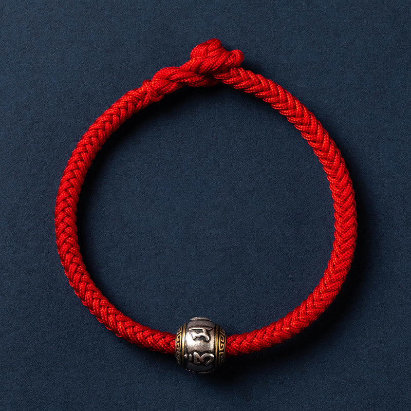Buddha Stones 925 Sterling Silver Tibet Handmade Om Mani Padme Hum Luck Protection King Kong Knot Braided Bracelet - Simple Version - Red - 18cm - image 18