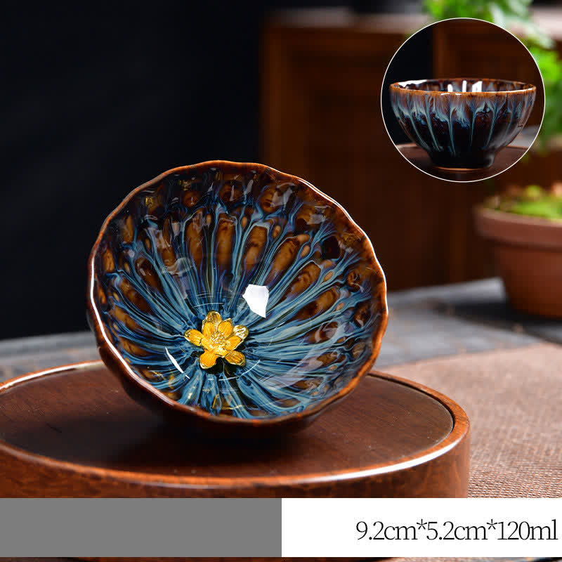 Buddha Stones Lotus Peacock Dragon Phoenix Koi Fish Ceramic Teacup Inlaid Tea Cups 120ml - Gold - Lotus Flower - image 12