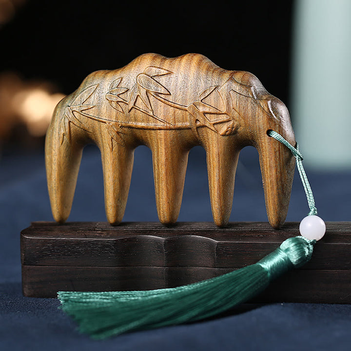 Green Sandalwood Plum Blossom Flowers Lotus Koi Fish Engraved Soothing Tassel Comb - Green Sandalwood Bamboo - image 13