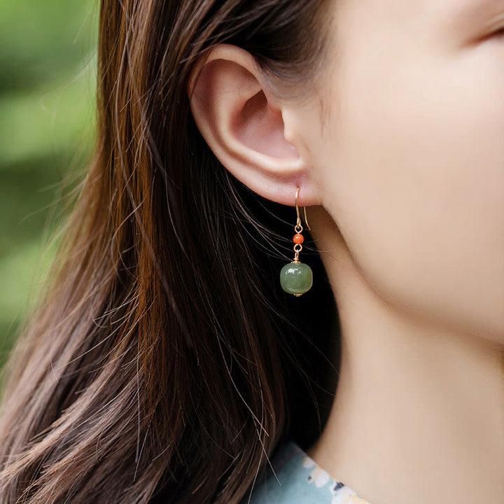 Buddha Stones 925 Sterling Silver 14K Gold Plated Hetian Jade Red Agate Luck Drop Dangle Earrings - image 16
