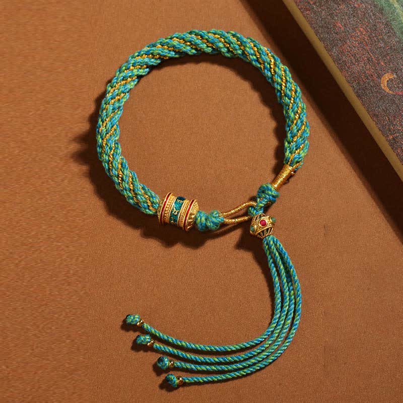 Buddha Stones Tibetan Handmade Luck Thangka Prayer Wheel Charm Weave String Bracelet - Green Blue Yellow - image 18