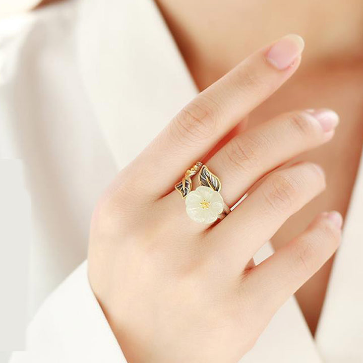Buddha Stones 925 Silver Plated Copper White Jade Plum Flower Leaf Luck Ring - image 9