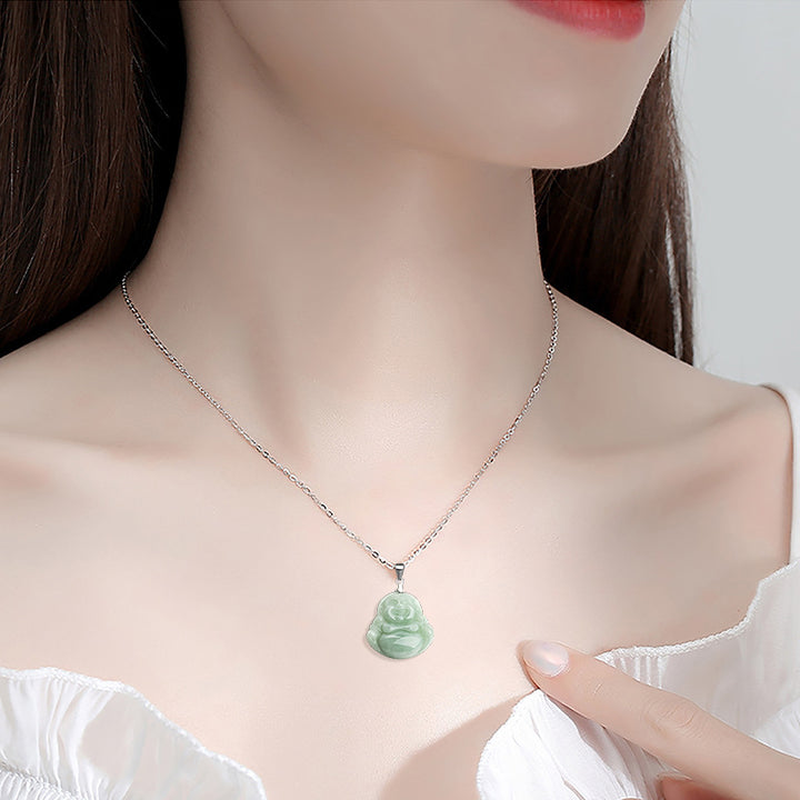 Buddha Stones 925 Sterling Silver Laughing Buddha Jade Blessing Necklace Chain Pendant - image 2