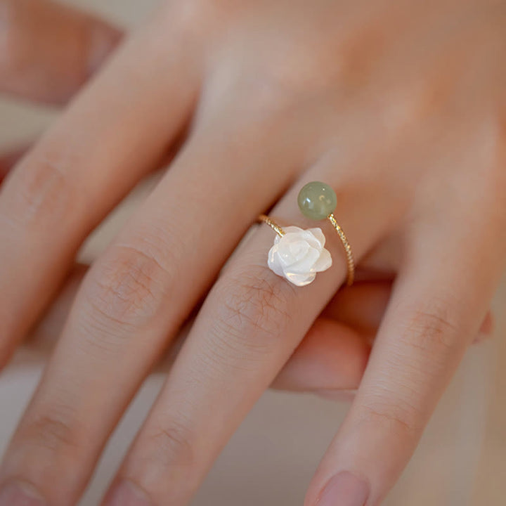 Buddha Stones 14K Gold Plated Tridacna Stone Rose Flower Jade Bead Blessing Ring - image 2