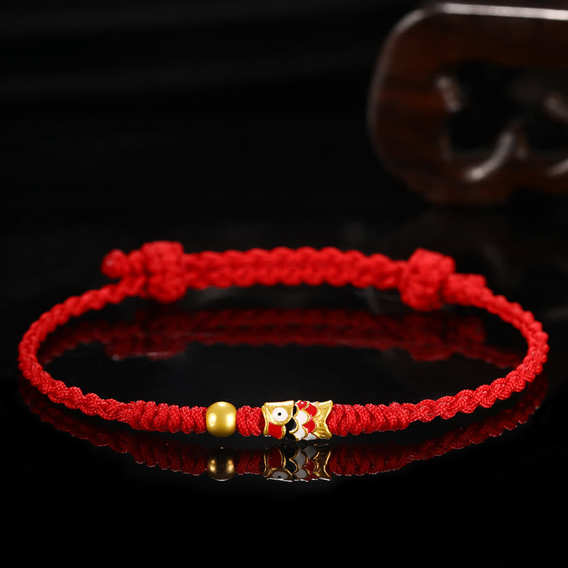 Buddha Stones 999 Gold Luck Koi Fish Handcrafted Braided String Bracelet - Red - 24cm - image 0