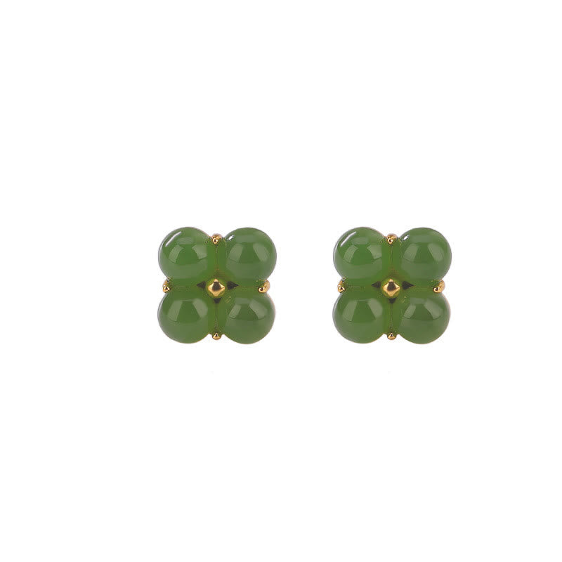 Buddha Stones 925 Sterling Silver Plated Gold Natural Cyan Jade Four Leaf Clover Luck Stud Earrings - image 8