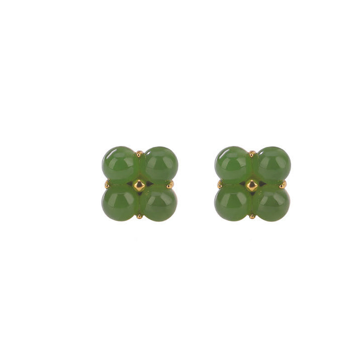 Buddha Stones 925 Sterling Silver Plated Gold Natural Cyan Jade Four Leaf Clover Luck Stud Earrings - image 8