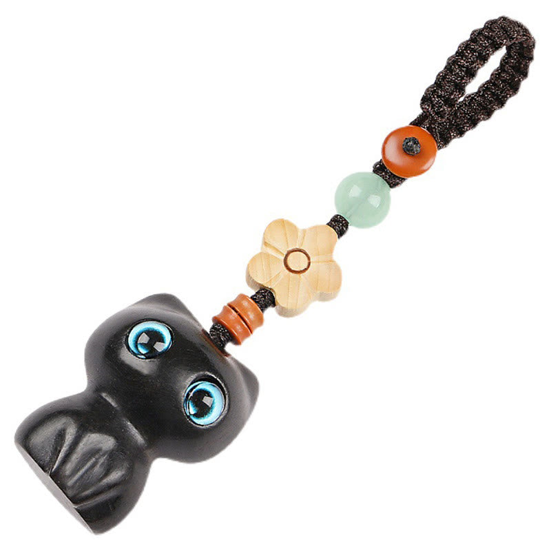 Buddha Stones Mini Small Leaf Red Sandalwood Ebony Wood Lucky Cat Lovely Kitty Peace Key Chain Phone Hanging Decoration - image 8