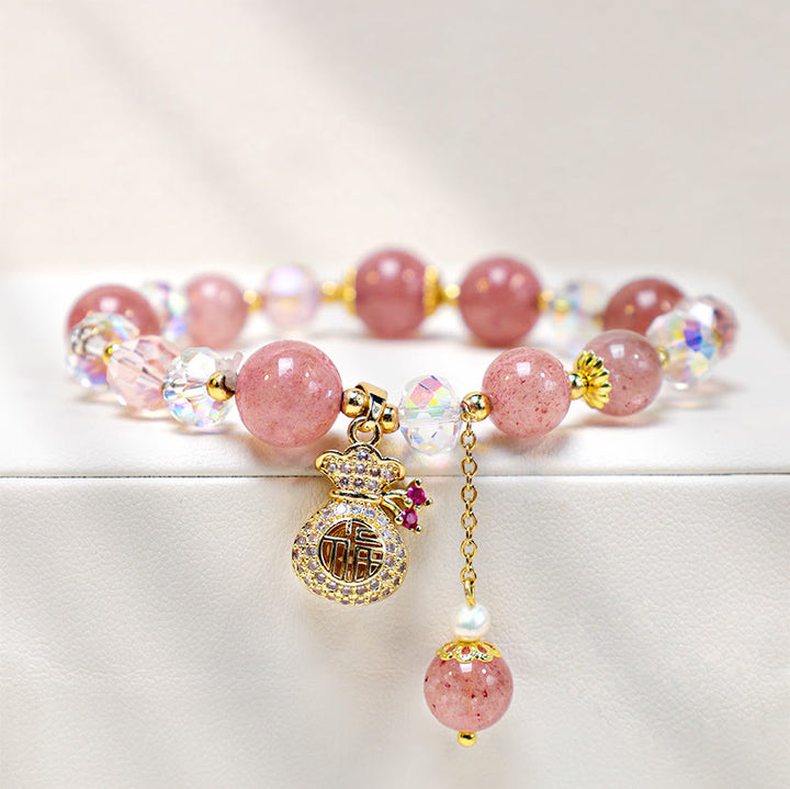 Buddha Stones Natural Strawberry Quartz Crystal Money Bag Charm Positive Bracelet - image 5