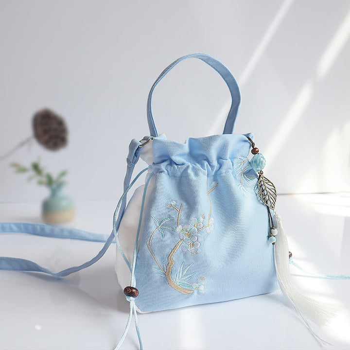 Buddha Stones Handmade Embroidered Flowers Canvas Tote Shoulder Bag Handbag - Blue White Plum Bamboo - image 35