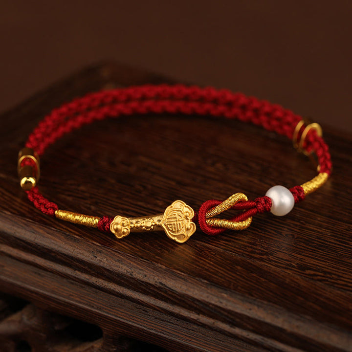 Buddha Stones 24K Gold Wish Ruyi Handle Fu Character Rabbit Pearl Luck Braided Bracelet - image 2