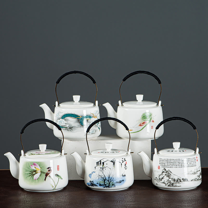 Buddha Stones Vintage Dragon Mountain Fisherman Landscape White Porcelain Ceramic Kung Fu Teapot - image 1