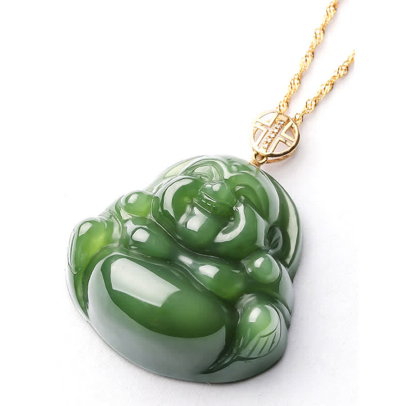 Buddha Stones 925 Sterling Silver Laughing Buddha Hetian Cyan Jade 18K Gold Success Necklace Chain Pendant - image 8
