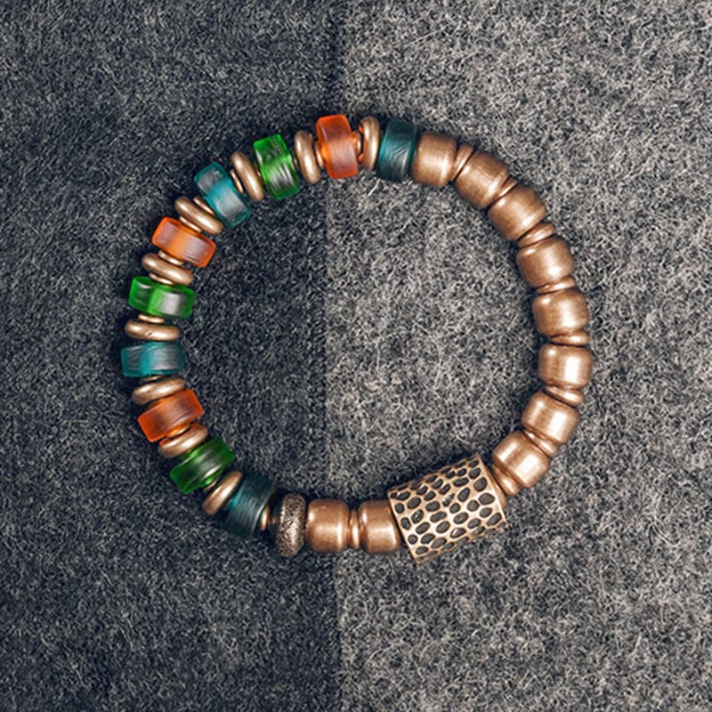 Buddha Stones Tibetan Colorful Glass Beads Copper Wealth Bracelet - 18cm - image 0