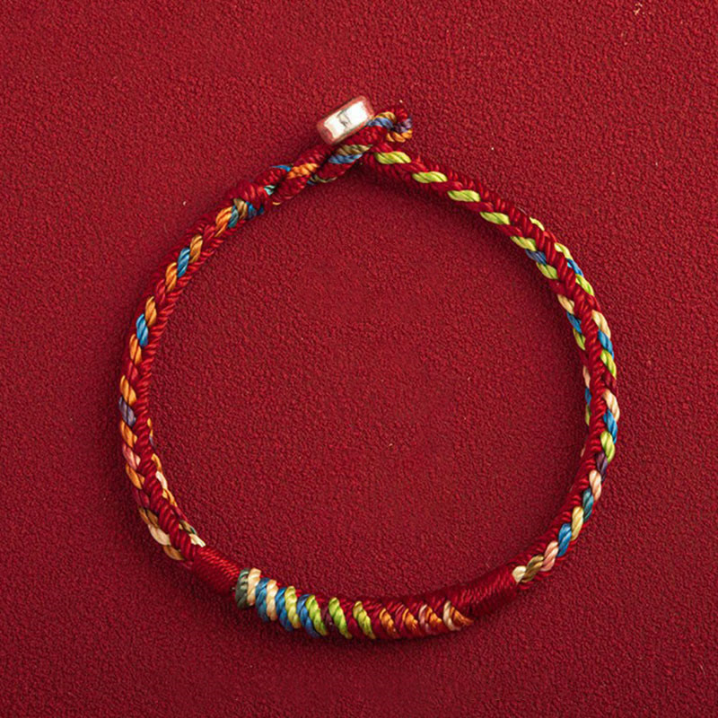 Buddha Stones "May You Be Safe And Lucky In The Year Ahead" Multicolored Bracelet - Red Five Color Thread - 19cm - 925 Silver Buckle - image 12