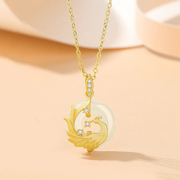 Buddha Stones 925 Sterling Silver Year of the Dragon Hetian Jade Golden Dragon Phoenix Peace Buckle Luck Necklace Pendant - Phoenix(Luck♥Strength) - image 5