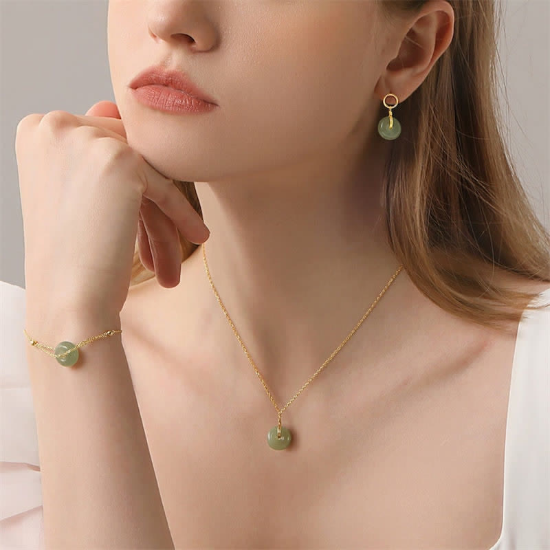Buddha Stones Round Jade Peace Buckle Luck Drop Earrings - image 7