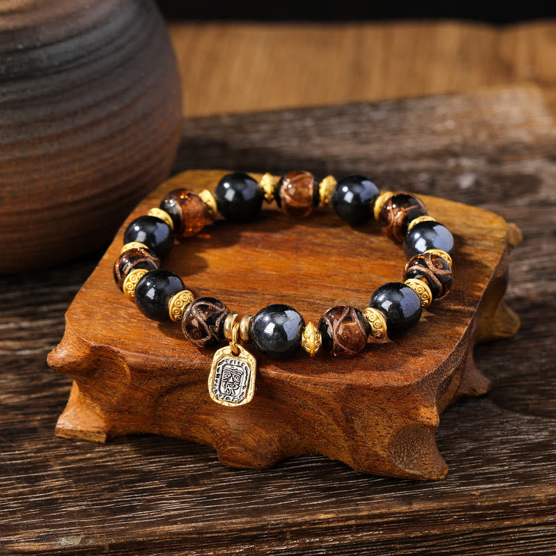 Buddha Stones Tibetan Zakiram Goddess of Wealth Liuli Glass Incense Ash Porcelain Bead Luck Bracelet - Blue Brown Liuli Glass Bead - 14mm - image 7