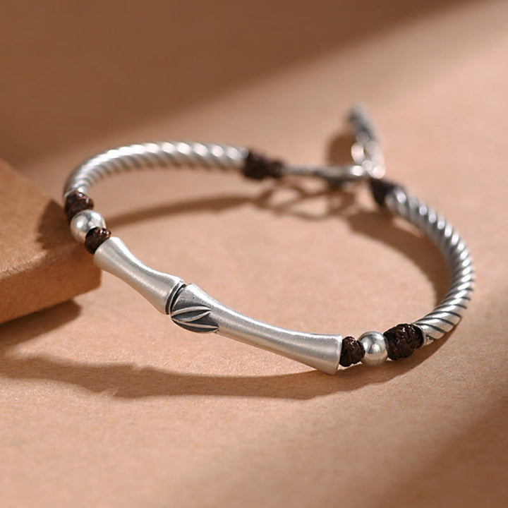 Buddha Stones 999 Sterling Silver Bamboo Pattern Cicada Luck Wealth Bracelet - image 1