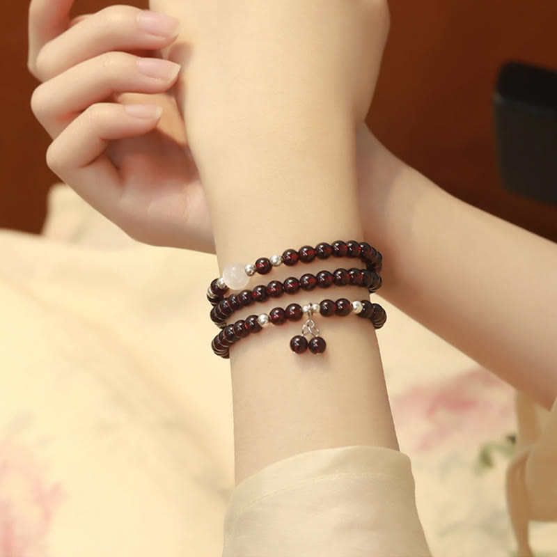 Buddha Stones 925 Sterling Silver Natural Garnet Cat Eye Protection Triple Wrap Bracelet - image 7