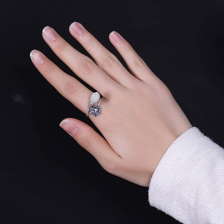 Buddha Stones Jade Lotus Copper Balance Healing Adjustable Ring - image 2