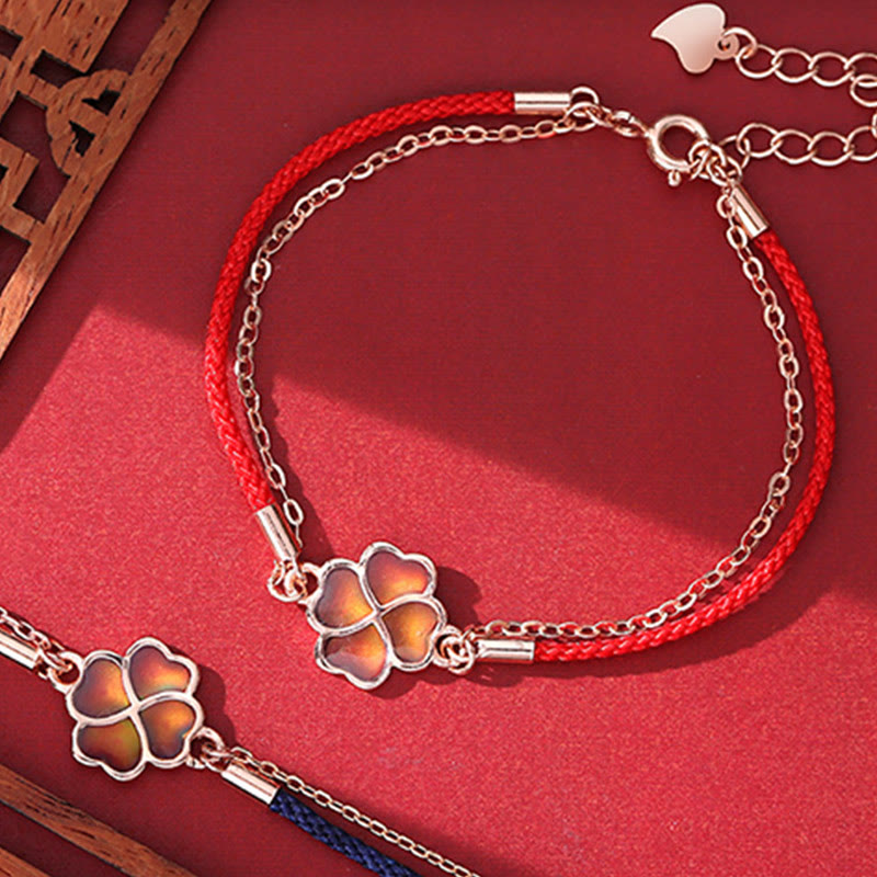 Buddha Stones 925 Sterling Silver Color-changing Four Leaf Clover Luck Protection Red String Bracelet - image 2