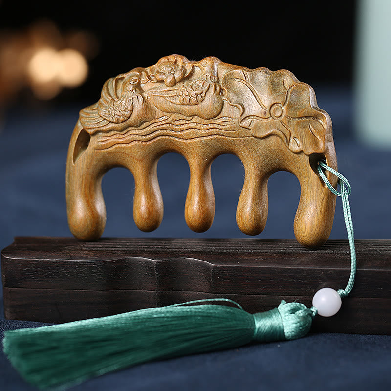 Green Sandalwood Plum Blossom Flowers Lotus Koi Fish Engraved Soothing Tassel Comb - Green Sandalwood Mandarin Duck - image 19