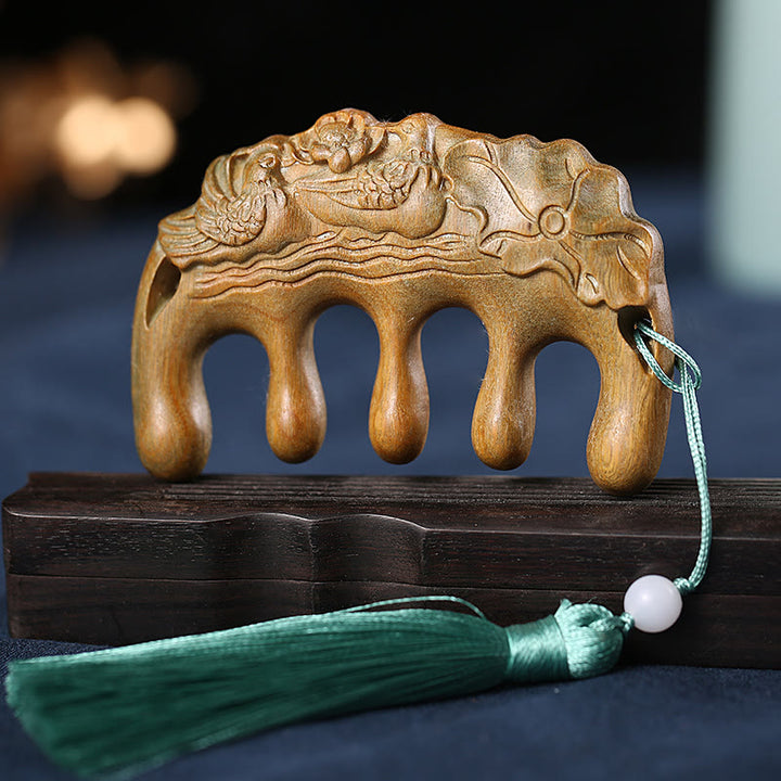 Green Sandalwood Plum Blossom Flowers Lotus Koi Fish Engraved Soothing Tassel Comb - Green Sandalwood Mandarin Duck - image 19
