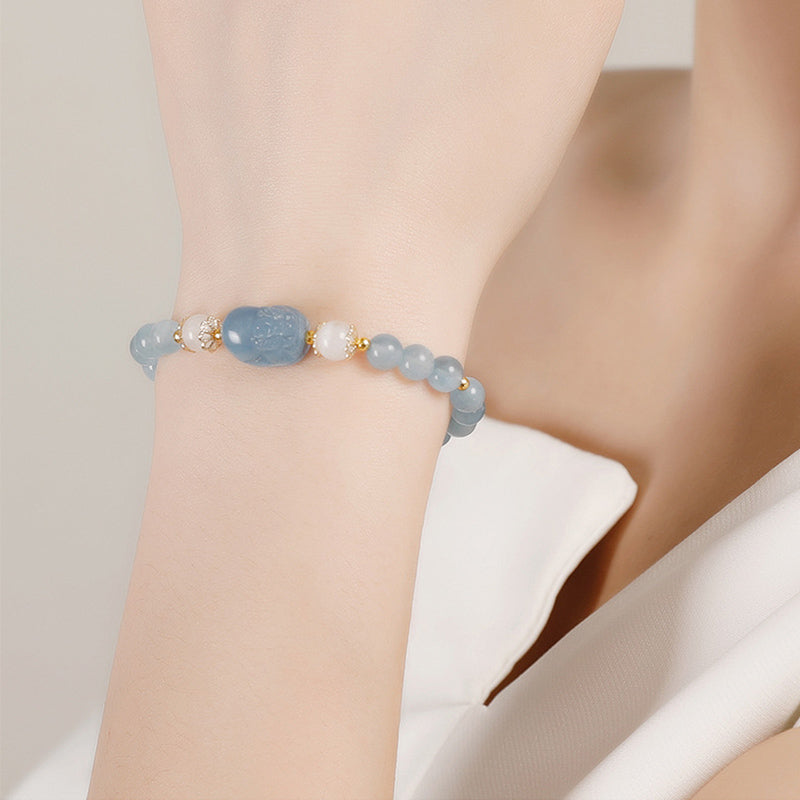 Buddha Stones Aquamarine Strawberry Quartz Amethyst Moonstone PiXiu Healing Bracelet - image 1