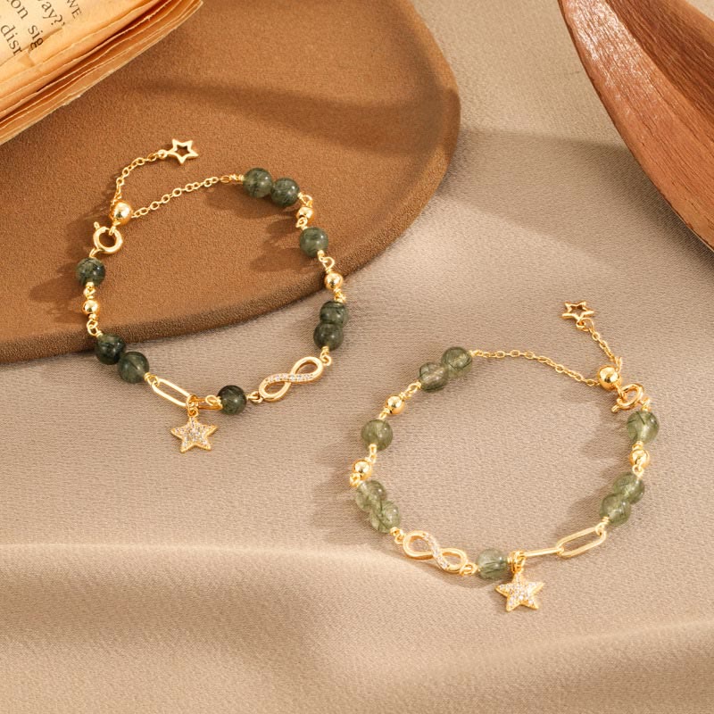 Buddha Stones 14K Gold Green Rutilated Quartz Möbius Loop Eternal Love Star Protection Bracelet - image 0