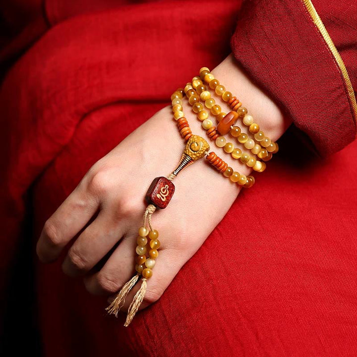 Buddha Stones 108 Mala Beads Natural Tiger Eye Copper Dorje Protection Tassel Bracelet - image 3