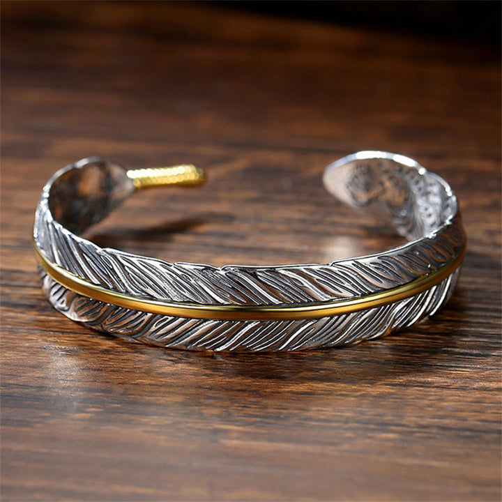 Buddha Stones Feather Pattern Carved Luck Wealth Cuff Bracelet Bangle - image 2