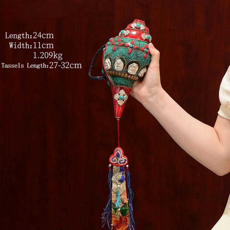 Tibetan Handmade Shankha Om Mani Padme Hum Buddha Avalokitesvara Turquoise Conch Shell Positive Decoration - Red Turquoise 24*11cm - image 1