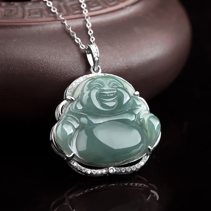 Buddha Stones 925 Sterling Silver Laughing Buddha Natural Jade Luck Necklace Chain Pendant - image 1