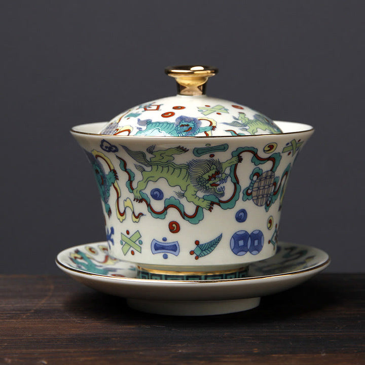 Buddha Stones Retro Plum Blossom Pine Bamboo Phoenix Kirin Ceramic Gaiwan Sancai Teacup Kung Fu Tea Cup and Saucer with Lid - Kirin(10cm*9.7cm*190ml) - image 11
