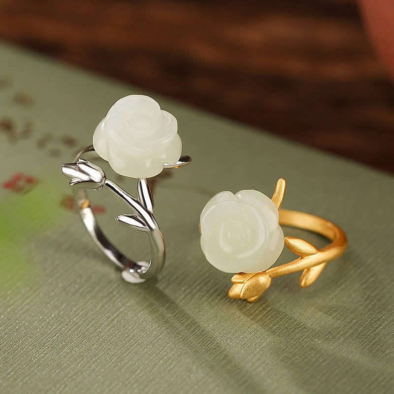 Buddha Stones 925 Sterling Silver Plated Gold Rose Flower Hetian White Jade Happiness Ring - image 0