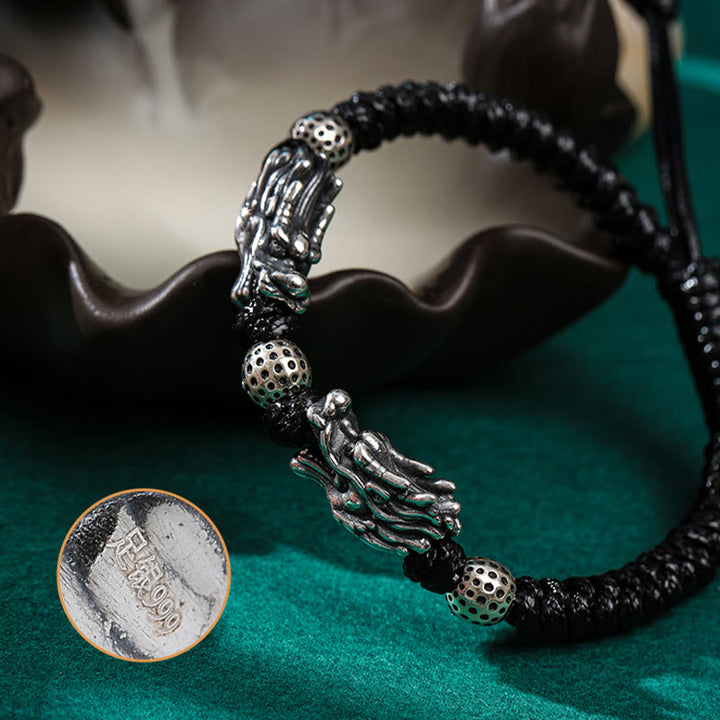 Buddha Stones 999 Sterling Silver Double Dragon Luck Handmade Braided Bracelet - image 6